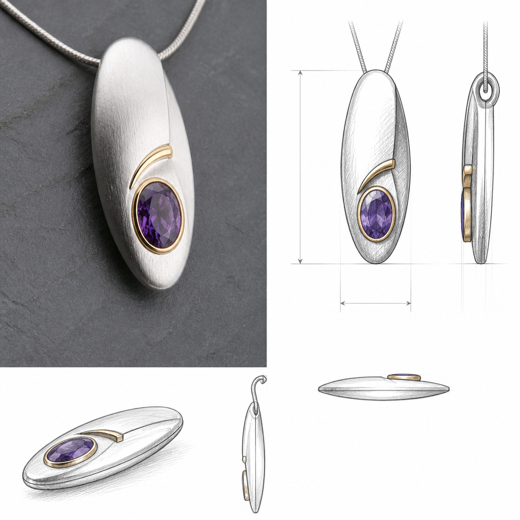 A contemporary women's pendant made of silver with sapphire stones. an elegant yet simplistic pendant with an oval purple saphire a satin finish on the silver and a very small touch of gold and/or a small contrast in the finish of the silver like a hammered or other
please add scketchs of the design and measurements
photorealistic jewelry design, A contemporary women's pendant made of silver with sapphire stones. an elegant yet simplistic pendant with an oval purple saphire a satin finish on the silver and a very small touch of gold and/or a small contrast in the finish of the silver like a hammered or other
please add scketchs of the design and measurements, contemporary style, just the design no text