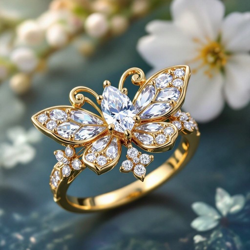 fairytale gold and diamond ring with buteefly wings diamond in the middle and flowers 