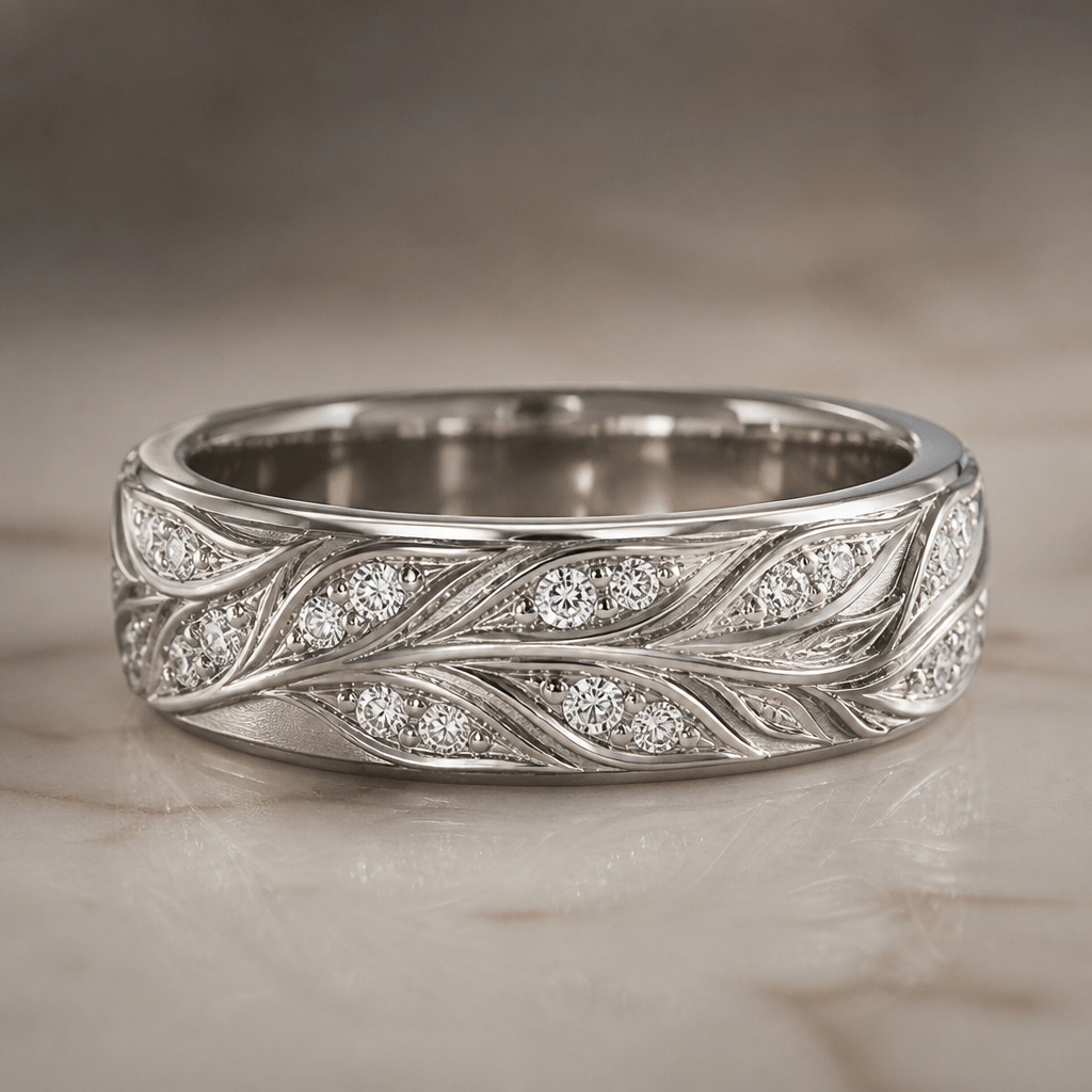 Men’s diamond wedding band
photorealistic jewelry design, Men’s diamond wedding band , nature_inspired style, just the design no text