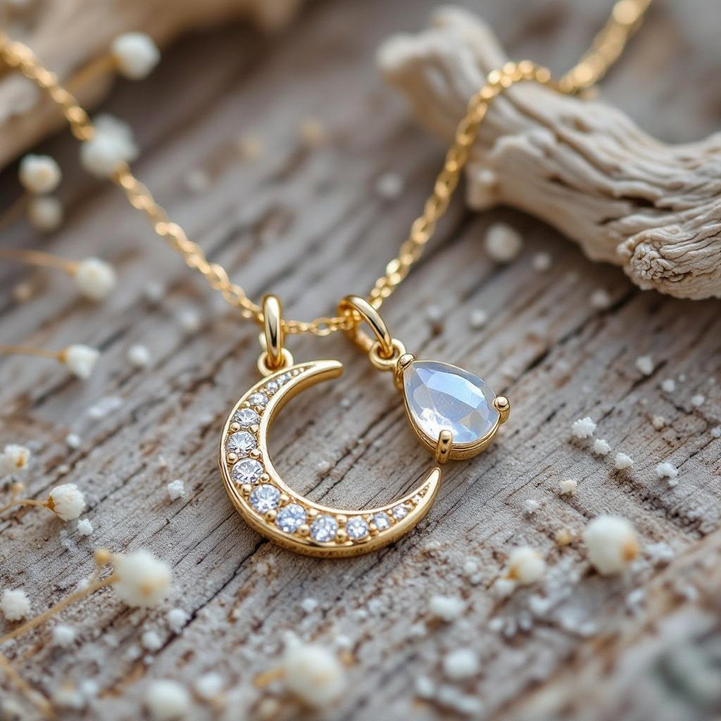 Луна полумесяцем с мелкими камушками и маленький в виде кристала лунный камень подвеска