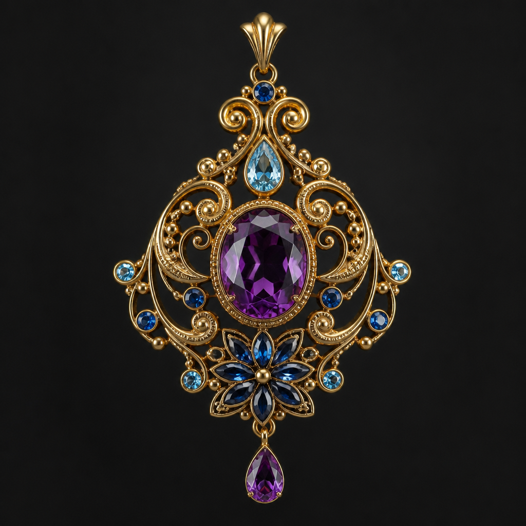 A retro women's pendant made of gold with amethyst and sapphire and aquamarine stones, highly ornate, intricate and elaborate, richly detailed
photorealistic jewelry design, A retro women's pendant made of gold with amethyst and sapphire and aquamarine stones, highly ornate, intricate and elaborate, richly detailed, retro style, just the design no text