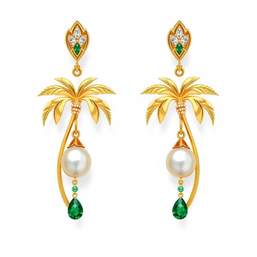 It has to be more realistic and pearls added are small could have a dangling gemstone And this piece has to be modern with emerald and Bahrain pearls I want to create an elegy piece of earrings that look time a palm tree to reflect the cultural heritage of Bahrain in a design very unique one of a few kind incite gold petals and gemstones