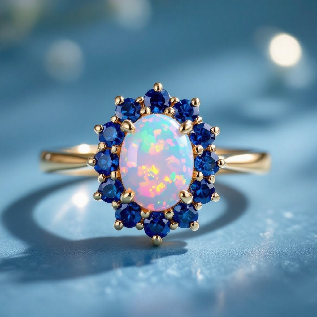 Design a cluster ring with a gold oval pink opal stone and 6 blue stones around 