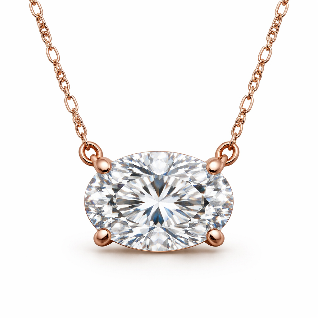 Oval 2 carat diamond pendant. East to west. Rose gold fancy chain. Four prong setting.
Oval 2 carat diamond pendant. East to west. Rose gold fancy chain. Four prong setting. , classic style