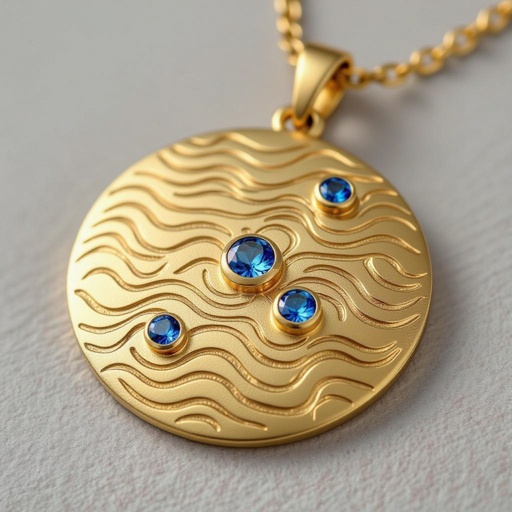 Золотой матовый медальон в форме неровного круга с неровными краями. По краям выпуклые точки сплошной линией. На круге разные волнистые узоры словно волны. Три миниатюрных голубых камушка хаотично расположены в круге