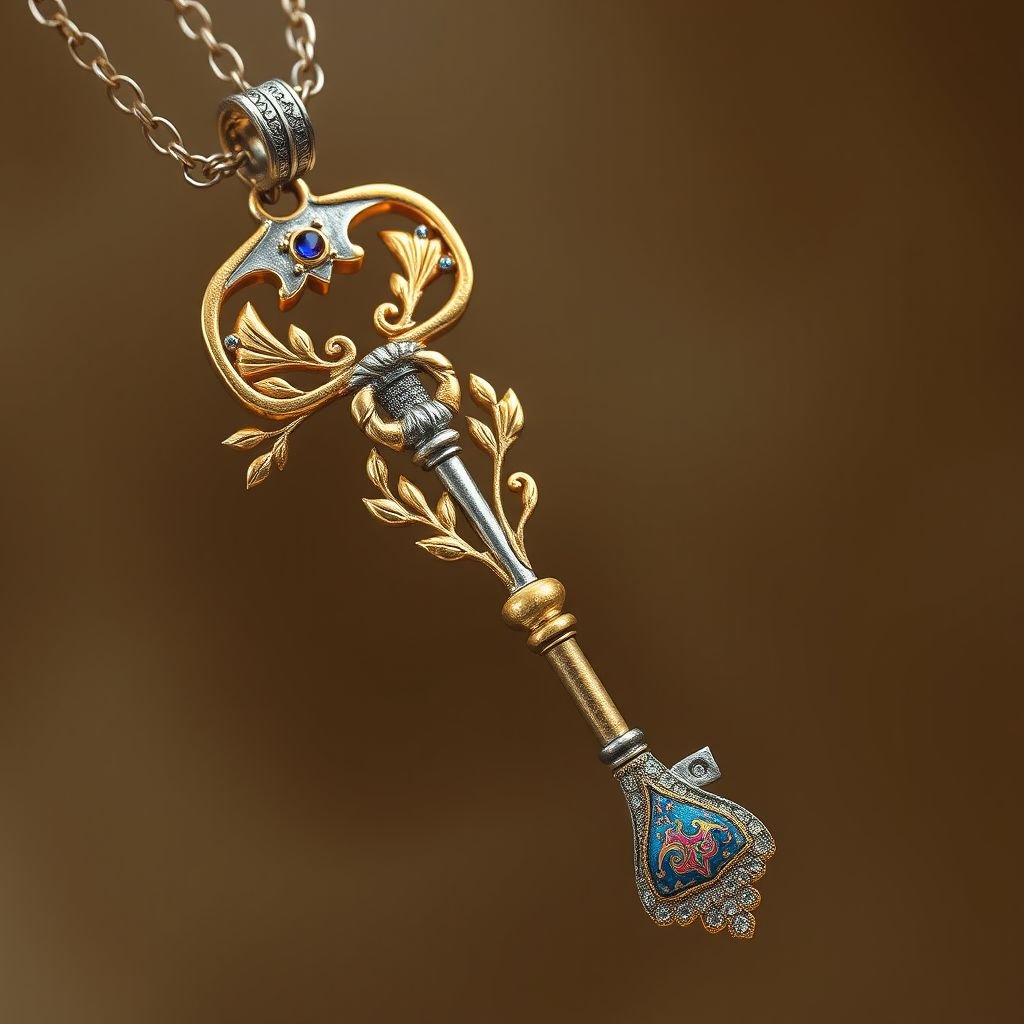 Old skeleton key shape gold and silver tones with olive branch turning on leg and keffieh print on the tip