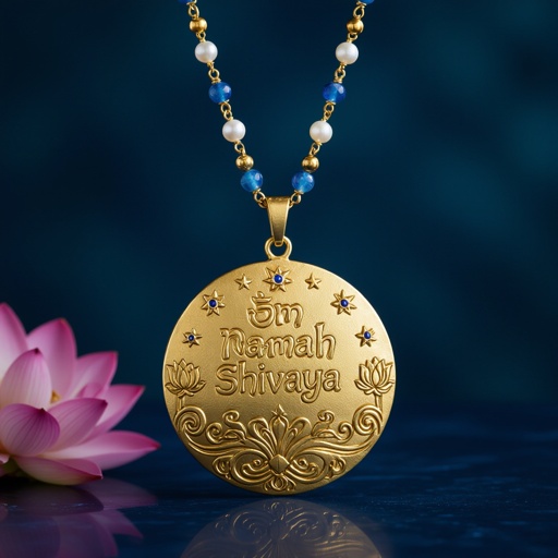 Кулон на длинной цепочке. Матовое светлое золото. В цепочке небольшие золотые шарики и синие камушки и жемчуга. Кулон в форме неровного мятого круга. На круге изображена надпись на санскрите om namah shivaya. Круг украшен лотосами звездами волнами узорами