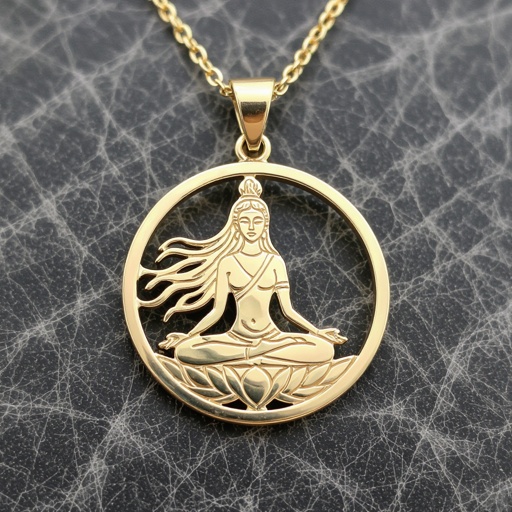 Золотой кулон в виде неровного круга в круге выгравирована женщина с длинными волосами в позе лотоса