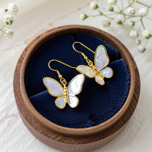 Серьги золотые в виде бирюзового с переливами крыла бабочки из перламутра 