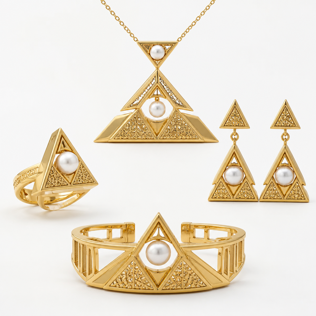 Create an exclusive haute joaillerie 21K yellow gold jewelry collection inspired by the majestic pyramids of Giza and contemporary Arabic architecture. The design should embrace minimalism with bold triangular geometry, clean lines, layered pyramid silhouettes, and delicate Islamic geometric motifs engraved into the gold. Natural white pearls float gracefully within the geometric framework, creating a striking contrast between softness and structure. Elegant proportions, luxurious craftsmanship, modern Middle Eastern aesthetic, premium high jewelry, polished yellow gold, subtle matte textures, architectural elegance, timeless luxury, editorial jewelry photography, ultra-realistic, cinematic lighting, white seamless background, 8K.
photorealistic jewelry design, Create an exclusive haute joaillerie 21K yellow gold jewelry collection inspired by the majestic pyramids of Giza and contemporary Arabic architecture. The design should embrace minimalism with bold triangular geometry, clean lines, layered pyramid silhouettes, and delicate Islamic geometric motifs engraved into the gold. Natural white pearls float gracefully within the geometric framework, creating a striking contrast between softness and structure. Elegant proportions, luxurious craftsmanship, modern Middle Eastern aesthetic, premium high jewelry, polished yellow gold, subtle matte textures, architectural elegance, timeless luxury, editorial jewelry photography, ultra-realistic, cinematic lighting, white seamless background, 8K., byzantine style, just the design no text