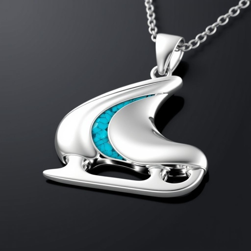 Silver Pendant shape one ice skate with turquoise stripe inside the low thin part blade