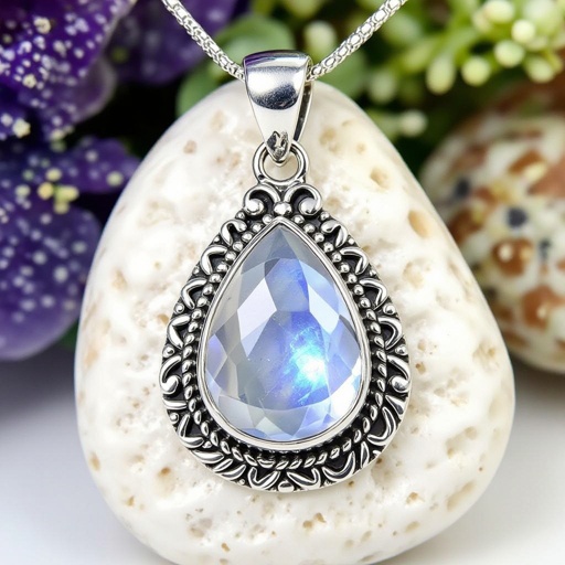 A carat drop-cut moonstone pendant with silver lining around it 
