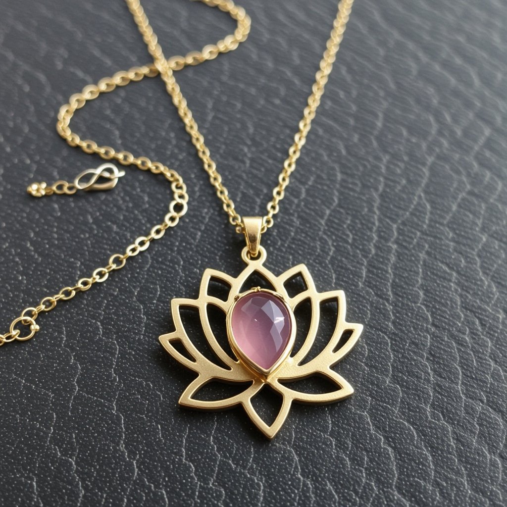 Золотая матовая цепочка. Подвеска лотос шесть лепестков. В сердце лотоса матовый розовый кварц овальный