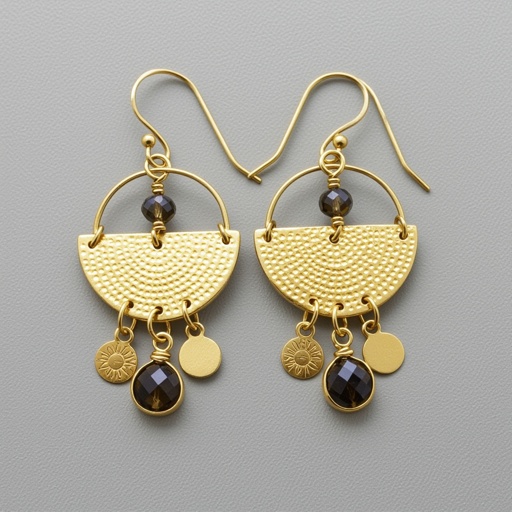 Золотые серьги словно мятое золото в форме узкого изящного полумесяца. Верхушка полумесяца крепится к застежке серьги. К нижней части полумесяца крепятся три подвески: миниатюрный золотой египетриский крест, очень маленький кристалл раухтопаза и маленький золотой кружочек с мятым эффектом плоский