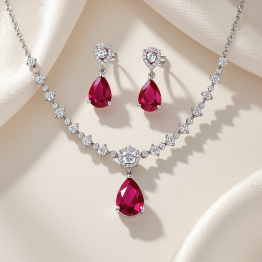 Ruby luxury necklace long pear drop style and luxury earring set Platinum necklace, ruby pear drops, diamond accents, prong setting. Matching platinum earrings, ruby pear drops, diamond accents, prong setting.