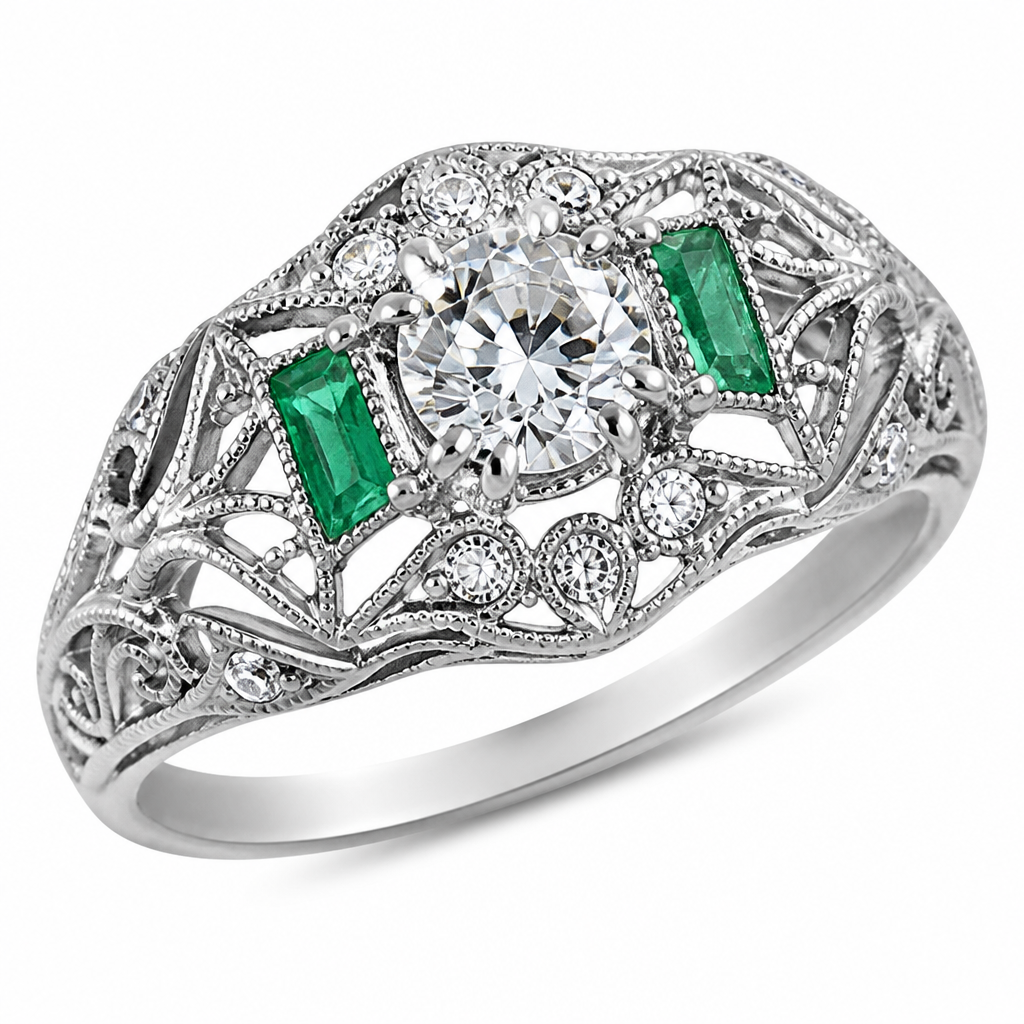 14k white gold filagree vintage inspired diamond and emerald ring
photorealistic jewelry design, 14k white gold filagree vintage inspired diamond and emerald ring , just the design no text