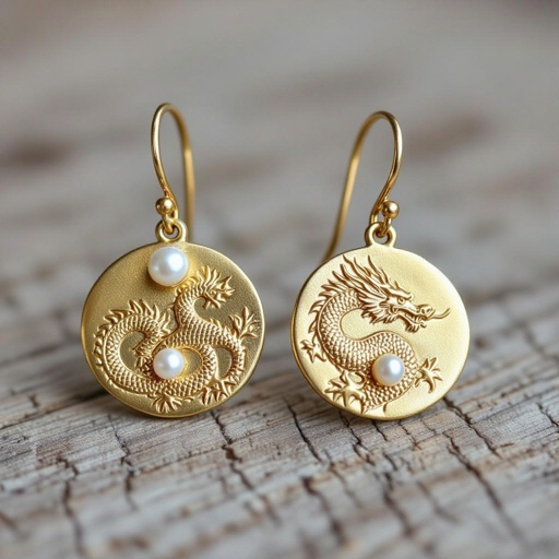Золотые матовые серьги с изображением дракона узоры и жемчуг 