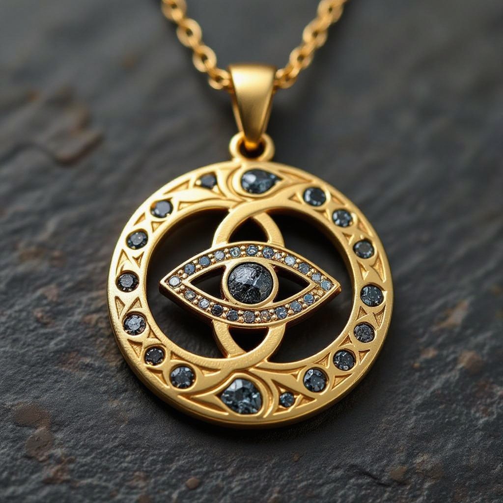 Подвеска из матового золота с узорами и мелкими необработанными матовыми камнями в форме двух пересекающихся окружностей и глаза между ними