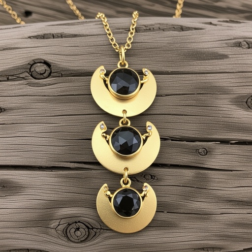 Подвеска из трех полумесяцев с узорами и камнями раухтопаза из матового неровного светлого золота с узорами соединенных цепочкой сверху самый широкий полукруг дальше средний и снизу самый маленький