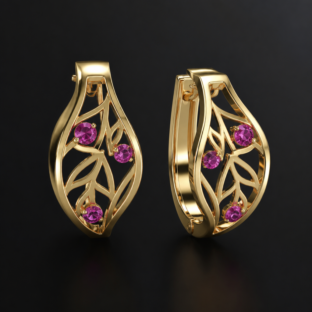 A women's ring. aretes de oro calado con piedras rubí, con asa estilo moderno para mujer