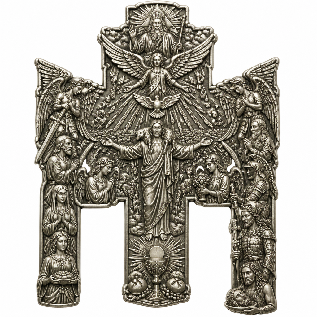 A rustic women's pendant made of silver suitable for festival. An extraordinary excellent beautiful delicate and elegant, super modern Cross, without stones, without background only the Cross, with Jesus Christ as the Good Shepherd with a beautiful delicate and elegant face, with long hair, with a beautiful delicate elegant and fit body, with His hands wide open to receive all of us, with a beautiful delicate elegant and beautifully ornated tunic, with a beautiful delicate and elegant sheep on His shoulders, with a beautiful delicate and elegant flock of beautiful delicate and elegant sheep backward of Him. Over Jesus Christ and the flock to be placed the Holy Spirit as an Angel with a beautiful delicate and elegant face, with long hair, with big wings flying, with a beautiful delicate elegant and fit body, with a beautiful delicate elegant and beautifully ornated tunic under the Angel to be placed a beautiful delicate and elegant dove flying both of them the Angel and the dove to be surrounded by tongues of fire radiating light to Jesus Christ and the flock. Over the Holy Spirit to be placed God the Father with a beautiful delicate and elegant face, with long hair, with a beautiful delicate elegant and fit body, with a beautiful delicate and elegant tunic, with a beautiful delicate and elegant sceptre at His left hand blessing the world with His right hand, with a beautiful delicate elegant and beautifully ornated crown on His head. At the bottom of the Cross to be placed the Holy Communion with a beautiful delicate elegant and beautifully ornated chalice and two breads around the chalice. At the lower right side of the Cross to be stacked one by one Saint John the Baptist with a beautiful delicate elegant and beautifully ornated platter with his head on it. Over Saint John the Baptist to be placed Saint Constantine with a beautiful delicate and elegant face, with long hair, with a beautiful delicate and elegant crown on his head, with a beautiful delicate elegant and fit body, with a beautiful delicate and elegant armour holding a beautiful delicate elegant and beautifully ornated Cross. Over Saint Constantine to be placed Saint George with a beautiful delicate and elegant face, with long hair, with a beautiful delicate elegant and beautifully ornated helmet with a beautiful delicate elegant and fit body, with a beautiful delicate elegant and beautifully ornated armour, holding a beautiful delicate and elegant sword with his right hand at low position and near the floor giving respect to the Holy Trinity and Praying. Over Saint George to be placed Saint Peter the Apostle Praying. At the left lower side of the Cross to be placed stacked Saint Paraskevi with a beautiful delicate and elegant face, with long hair, with a beautiful delicate elegant and beautifully curved body, with a beautiful delicate elegant and beautifully ornated tunic holding a bowl with two eyes in it. Over Saint Paraskevi to be placed Saint Irene with a beautiful delicate and elegant face, with long hair, with a beautiful delicate elegant and beautifully ornated wreath on her head, with a beautiful delicate elegant and beautifully curved body, with a beautiful delicate elegant and beautifully ornated tunic Praying. Over Saint Irene to be placed Virgo Maria with a beautiful delicate and elegant face, with beautifully ornated long hair, with a beautiful delicate elegant and beautifully curved body, with a beautiful delicate elegant and beautifully ornated tunic Praying. Over Virgo Maria to be placed Saint Paul the Apostle Praying. At the right side of the Cross to be placed Saint Michael the Archangel with a beautiful delicate and elegant face, with long hair, with a beautiful delicate elegant and beautifully ornated helmet, with a beautiful delicate elegant and fit body, with big wings flying, with a beautiful delicate elegant and beautifully ornated armour, holding His beautiful delicate elegant and beautifully ornated sword low to the ground giving respect to the Holy Trinity and Praying. In front of Saint Michael the Archangel to be placed Saint Gabriel the Archangel with a beautiful delicate and elegant face, with long hair, with a beautiful delicate elegant and beautifully ornated helmet on His head, with a beautiful delicate elegant and fit body, with big wings flying, with a beautiful delicate elegant and beautifully ornated armour, holding a beautiful delicate elegant and beautifully ornated bucket of lilyes and Praying. At the left side of the Cross to be placed Saint Rafael the Archangel with a beautiful delicate and elegant face, with long hair, with a beautiful delicate elegant and beautifully ornated helmet, with a beautiful delicate elegant and fit body, with big wings flying, with a beautiful delicate elegant and beautifully ornated armour, holding a beautiful delicate elegant and beautifully ornated sword with his right hand low giving respect to the Holy Trinity and Praying. In front of Saint Rafael the Archangel to be placed the Guardian Angel with a beautiful delicate and elegant face, with long hair, with a beautiful delicate elegant and beautifully ornated with flowers wreath on His head, with a beautiful delicate elegant and fit body, with a beautiful delicate elegant and beautifully ornated tunic Praying. Make all the Angels, the Saints, God the Father, the Holy Spirit and Jesus Christ and the flock as statues.
photorealistic jewelry design, A rustic women's pendant made of silver suitable for festival. An extraordinary excellent beautiful delicate and elegant, super modern Cross, without stones, without background only the Cross, with Jesus Christ as the Good Shepherd with a beautiful delicate and elegant face, with long hair, with a beautiful delicate elegant and fit body, with His hands wide open to receive all of us, with a beautiful delicate elegant and beautifully ornated tunic, with a beautiful delicate and elegant sheep on His shoulders, with a beautiful delicate and elegant flock of beautiful delicate and elegant sheep backward of Him. Over Jesus Christ and the flock to be placed the Holy Spirit as an Angel with a beautiful delicate and elegant face, with long hair, with big wings flying, with a beautiful delicate elegant and fit body, with a beautiful delicate elegant and beautifully ornated tunic under the Angel to be placed a beautiful delicate and elegant dove flying both of them the Angel and the dove to be surrounded by tongues of fire radiating light to Jesus Christ and the flock. Over the Holy Spirit to be placed God the Father with a beautiful delicate and elegant face, with long hair, with a beautiful delicate elegant and fit body, with a beautiful delicate and elegant tunic, with a beautiful delicate and elegant sceptre at His left hand blessing the world with His right hand, with a beautiful delicate elegant and beautifully ornated crown on His head. At the bottom of the Cross to be placed the Holy Communion with a beautiful delicate elegant and beautifully ornated chalice and two breads around the chalice. At the lower right side of the Cross to be stacked one by one Saint John the Baptist with a beautiful delicate elegant and beautifully ornated platter with his head on it. Over Saint John the Baptist to be placed Saint Constantine with a beautiful delicate and elegant face, with long hair, with a beautiful delicate and elegant crown on his head, with a beautiful delicate elegant and fit body, with a beautiful delicate and elegant armour holding a beautiful delicate elegant and beautifully ornated Cross. Over Saint Constantine to be placed Saint George with a beautiful delicate and elegant face, with long hair, with a beautiful delicate elegant and beautifully ornated helmet with a beautiful delicate elegant and fit body, with a beautiful delicate elegant and beautifully ornated armour, holding a beautiful delicate and elegant sword with his right hand at low position and near the floor giving respect to the Holy Trinity and Praying. Over Saint George to be placed Saint Peter the Apostle Praying. At the left lower side of the Cross to be placed stacked Saint Paraskevi with a beautiful delicate and elegant face, with long hair, with a beautiful delicate elegant and beautifully curved body, with a beautiful delicate elegant and beautifully ornated tunic holding a bowl with two eyes in it. Over Saint Paraskevi to be placed Saint Irene with a beautiful delicate and elegant face, with long hair, with a beautiful delicate elegant and beautifully ornated wreath on her head, with a beautiful delicate elegant and beautifully curved body, with a beautiful delicate elegant and beautifully ornated tunic Praying. Over Saint Irene to be placed Virgo Maria with a beautiful delicate and elegant face, with beautifully ornated long hair, with a beautiful delicate elegant and beautifully curved body, with a beautiful delicate elegant and beautifully ornated tunic Praying. Over Virgo Maria to be placed Saint Paul the Apostle Praying. At the right side of the Cross to be placed Saint Michael the Archangel with a beautiful delicate and elegant face, with long hair, with a beautiful delicate elegant and beautifully ornated helmet, with a beautiful delicate elegant and fit body, with big wings flying, with a beautiful delicate elegant and beautifully ornated armour, holding His beautiful delicate elegant and beautifully ornated sword low to the ground giving respect to the Holy Trinity and Praying. In front of Saint Michael the Archangel to be placed Saint Gabriel the Archangel with a beautiful delicate and elegant face, with long hair, with a beautiful delicate elegant and beautifully ornated helmet on His head, with a beautiful delicate elegant and fit body, with big wings flying, with a beautiful delicate elegant and beautifully ornated armour, holding a beautiful delicate elegant and beautifully ornated bucket of lilyes and Praying. At the left side of the Cross to be placed Saint Rafael the Archangel with a beautiful delicate and elegant face, with long hair, with a beautiful delicate elegant and beautifully ornated helmet, with a beautiful delicate elegant and fit body, with big wings flying, with a beautiful delicate elegant and beautifully ornated armour, holding a beautiful delicate elegant and beautifully ornated sword with his right hand low giving respect to the Holy Trinity and Praying. In front of Saint Rafael the Archangel to be placed the Guardian Angel with a beautiful delicate and elegant face, with long hair, with a beautiful delicate elegant and beautifully ornated with flowers wreath on His head, with a beautiful delicate elegant and fit body, with a beautiful delicate elegant and beautifully ornated tunic Praying. Make all the Angels, the Saints, God the Father, the Holy Spirit and Jesus Christ and the flock as statues., rustic style, just the design no text