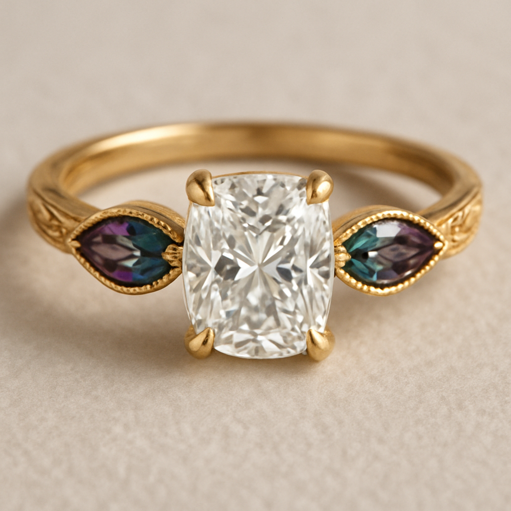 2 carat elongated cushion cut diamond engagement ring with double claw prongs in yellow gold ring with marquise shaped alexandrite side stones