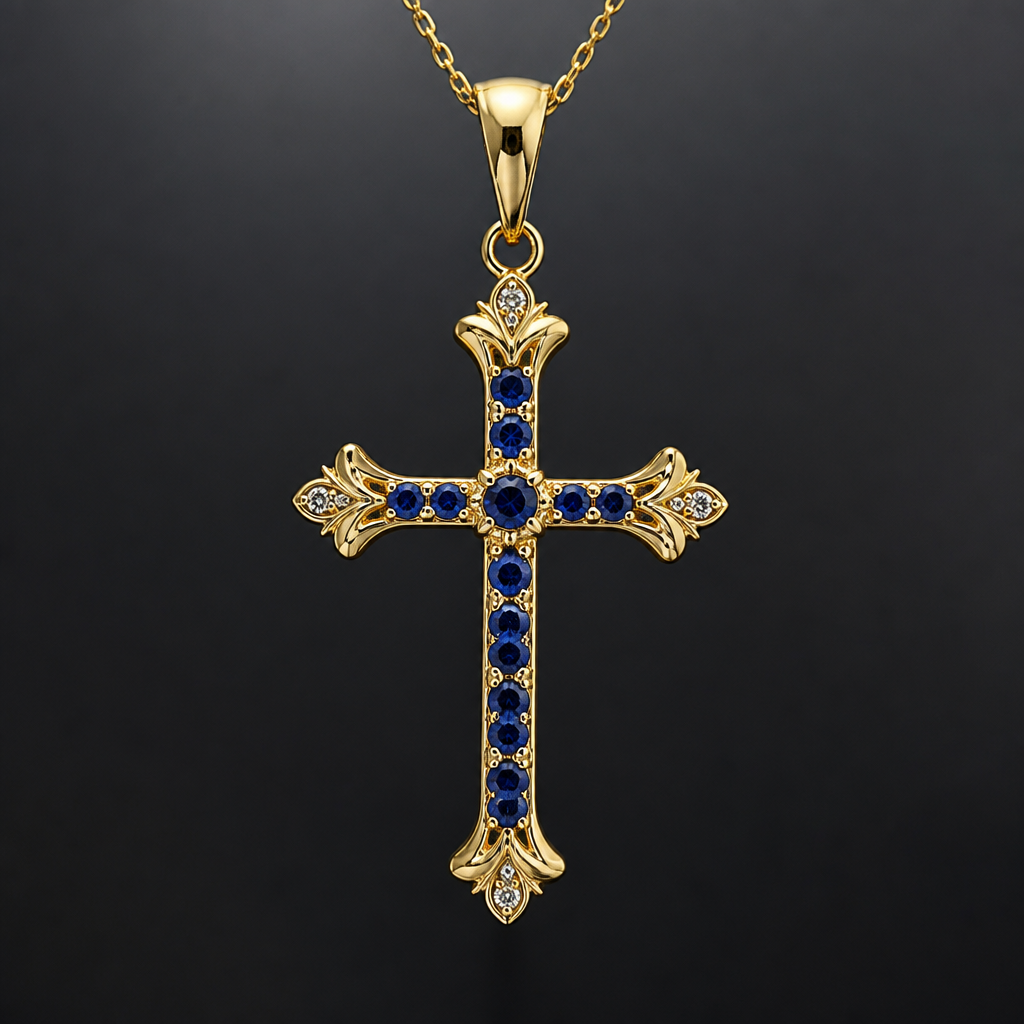 A classic women's pendant made of gold with sapphire stones. catholic gold cross with gemstones
photorealistic jewelry design, A classic women's pendant made of gold with sapphire stones. catholic gold cross with gemstones, classic style, just the design no text