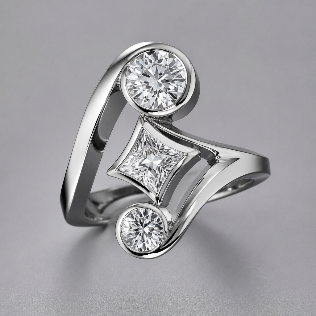 Two round and one princess cut diamonds in a ring
photorealistic jewelry design, Two round and one princess cut diamonds in a ring, abstract style, just the design no text