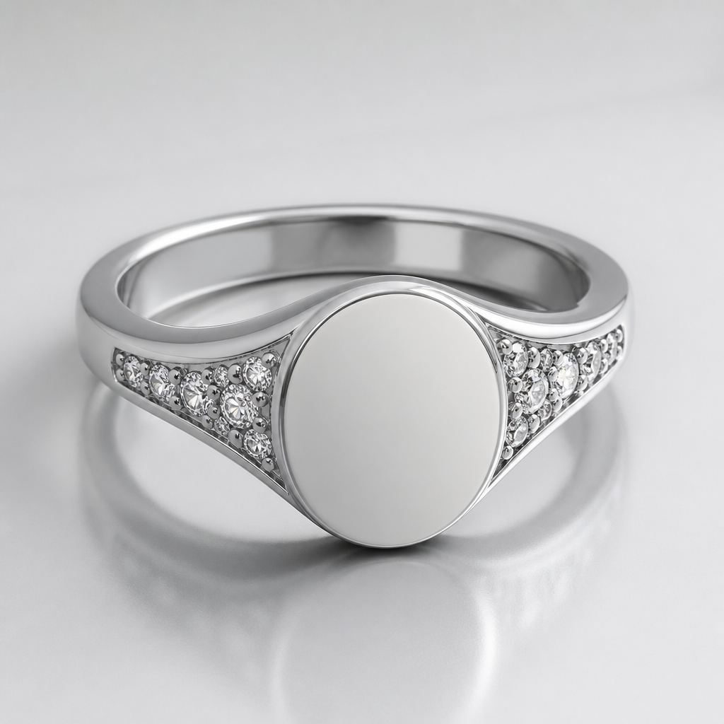 A signet women's ring made of silver with diamond stones suitable for wedding
photorealistic jewelry design, A signet women's ring made of silver with diamond stones suitable for wedding, signet style, just the design no text