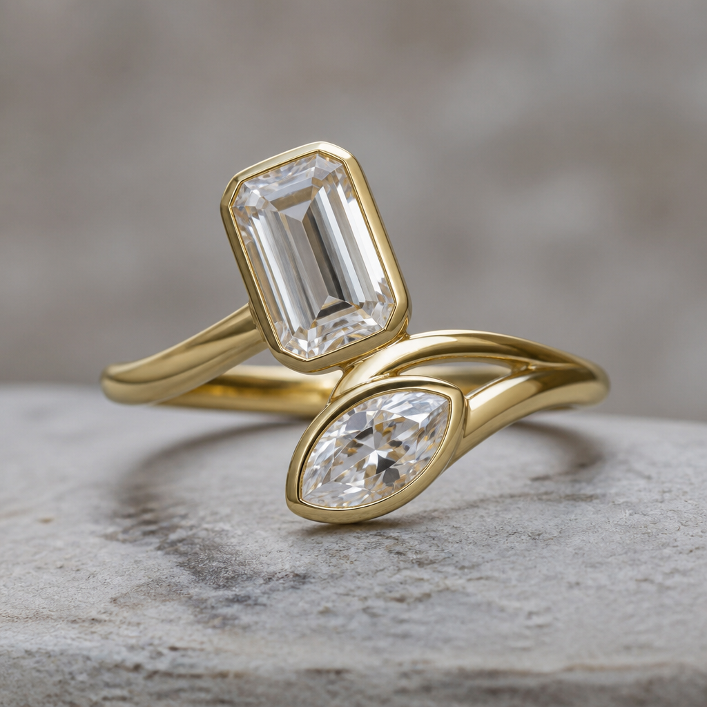 1.60 emerald cut and 1 ct marquise half bezel ring with curves
photorealistic jewelry design, 1.60 emerald cut and 1 ct marquise half bezel ring with curves, just the design no text