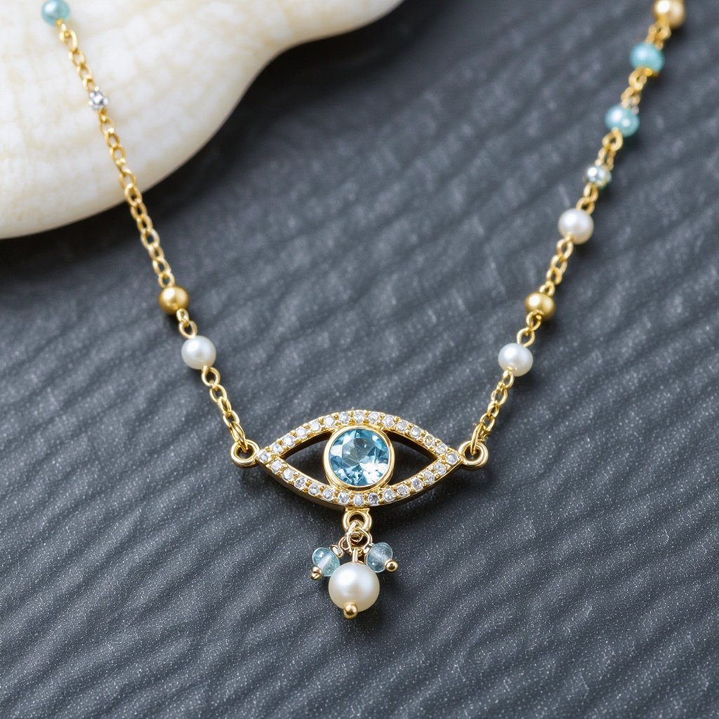Тонкая цепочка с золотыми и серебряными шариками и мелкими жемчужными камушками на цепочке есть кулон в форме глаза, зрачок глаза из аквамарина от глаза идет маленькая подвеска с маленькими камушками аквамарина 