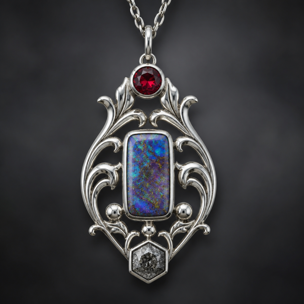 5mm round red beryl, rectangle boulder opal, 5mm hexagon salt and pepper diamond pendant
photorealistic jewelry design, 5mm round red beryl, rectangle boulder opal, 5mm hexagon salt and pepper diamond pendant , art_nouveau style, just the design no text