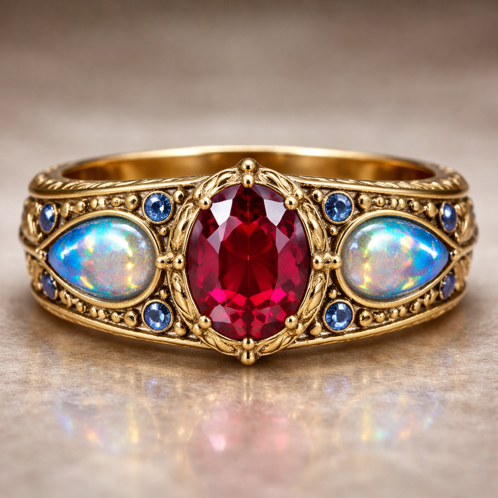 A golden band with beautiful sapphire, designs, and topping it all off with Australian opals on both sides gorgeous Egyptian ruby in the middle
A golden band with beautiful sapphire, designs, and topping it all off with Australian opals on both sides gorgeous Egyptian ruby in the middle, egyptian style