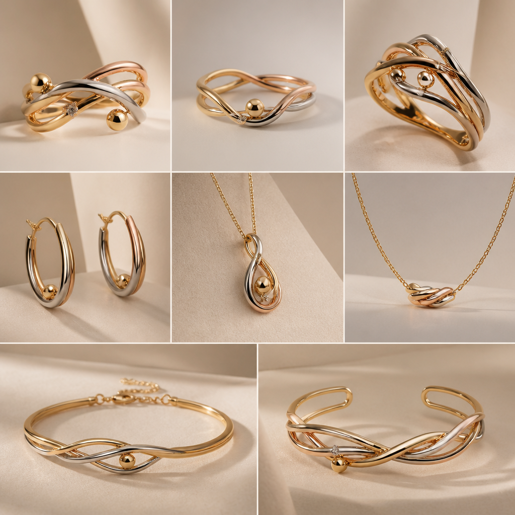 Create a complete "luxury fine jewelry collection for the brand Tacré", inspired by the idea of "roots, connection, and origin". The collection should feel deeply connected to the brand’s signature concept: **three distinct elements becoming one**.
The collection must be designed exclusively around **three types of gold**:
* Yellow gold
* White gold
* Rose gold
These three gold colors should appear together throughout the collection in a sophisticated and intentional way. They should not feel random or simply decorative. The three colors represent **different roots, identities, and paths that naturally connect and become one**.
## Design Language
Use a distinctive combination of:
* Three-color gold
* Elegant organic lines
* Minimalist root-inspired curves
* Delicate connections and subtle intersections
* Modern sculptural forms
* Clean luxury proportions
The "root concept must remain extremely subtle and abstract". Do not create literal tree roots or nature-inspired jewelry. Instead, translate the idea of roots into refined flowing lines that branch, merge, wrap around one another, or connect at a single point.
Small polished gold balls should be used as a recognizable design detail, inspired by the concept of tiny gold spheres floating, connecting, or appearing at the ends and intersections of the flowing forms.
The result should feel **minimal, modern, intelligent, artistic, and highly wearable**, with a strong recognizable identity.
## Collection Pieces
Design a coherent collection including:
1. A signature ring
2. A delicate everyday ring
3. A statement ring
5. Small hoop earrings
6. A pendant necklace
7. A delicate chain necklace
8. A bracelet
9. A more sculptural statement bracelet
Each piece should belong clearly to the same collection while having its own unique silhouette.
The three gold colors should interact differently in each design. In some pieces, the colors may run as three parallel flowing lines. In others, they may merge at the center. In others, the three colors may wrap around each other or meet through small spherical gold elements.
## Aesthetic Direction
The collection should feel:
**Quiet luxury × contemporary art × modern fine jewelry**
Avoid:
* Traditional floral motifs
* Generic infinity symbols
* Obvious hearts
* Overly complicated designs
* Excessive diamonds
* Literal tree roots
* Vintage-looking antique jewelry
* Common three-color gold designs
The jewelry should look like a "new luxury jewelry brand with a distinctive design DNA", sophisticated enough for an international audience.
The design should be refined, elegant, lightweight, and realistic for production in fine gold jewelry.
## Optional Diamond Detail
Use diamonds only sparingly. A few tiny diamonds may appear at important connection points where the three gold elements merge, like a subtle moment of light. However, most designs should remain focused on the beauty of the three gold colors themselves.
## Visual Presentation
Create a high-end luxury jewelry collection presentation with:
* Photorealistic fine jewelry
* Realistic polished gold textures
* Yellow, white, and rose gold clearly visible
* Soft warm studio lighting
* Minimal clean background
* Editorial luxury jewelry photography
* Close-up details showing craftsmanship
* Sculptural compositions
The collection must feel **original, distinctive, modern, and immediately recognizable as Tacré**.
**Key concept: Three different paths. Three colors. One origin. One connection.**
photorealistic jewelry design, Create a complete "luxury fine jewelry collection for the brand Tacré", inspired by the idea of "roots, connection, and origin". The collection should feel deeply connected to the brand’s signature concept: **three distinct elements becoming one**.
The collection must be designed exclusively around **three types of gold**:
* Yellow gold
* White gold
* Rose gold
These three gold colors should appear together throughout the collection in a sophisticated and intentional way. They should not feel random or simply decorative. The three colors represent **different roots, identities, and paths that naturally connect and become one**.
## Design Language
Use a distinctive combination of:
* Three-color gold
* Elegant organic lines
* Minimalist root-inspired curves
* Delicate connections and subtle intersections
* Modern sculptural forms
* Clean luxury proportions
The "root concept must remain extremely subtle and abstract". Do not create literal tree roots or nature-inspired jewelry. Instead, translate the idea of roots into refined flowing lines that branch, merge, wrap around one another, or connect at a single point.
Small polished gold balls should be used as a recognizable design detail, inspired by the concept of tiny gold spheres floating, connecting, or appearing at the ends and intersections of the flowing forms.
The result should feel **minimal, modern, intelligent, artistic, and highly wearable**, with a strong recognizable identity.
## Collection Pieces
Design a coherent collection including:
1. A signature ring
2. A delicate everyday ring
3. A statement ring
5. Small hoop earrings
6. A pendant necklace
7. A delicate chain necklace
8. A bracelet
9. A more sculptural statement bracelet
Each piece should belong clearly to the same collection while having its own unique silhouette.
The three gold colors should interact differently in each design. In some pieces, the colors may run as three parallel flowing lines. In others, they may merge at the center. In others, the three colors may wrap around each other or meet through small spherical gold elements.
## Aesthetic Direction
The collection should feel:
**Quiet luxury × contemporary art × modern fine jewelry**
Avoid:
* Traditional floral motifs
* Generic infinity symbols
* Obvious hearts
* Overly complicated designs
* Excessive diamonds
* Literal tree roots
* Vintage-looking antique jewelry
* Common three-color gold designs
The jewelry should look like a "new luxury jewelry brand with a distinctive design DNA", sophisticated enough for an international audience.
The design should be refined, elegant, lightweight, and realistic for production in fine gold jewelry.
## Optional Diamond Detail
Use diamonds only sparingly. A few tiny diamonds may appear at important connection points where the three gold elements merge, like a subtle moment of light. However, most designs should remain focused on the beauty of the three gold colors themselves.
## Visual Presentation
Create a high-end luxury jewelry collection presentation with:
* Photorealistic fine jewelry
* Realistic polished gold textures
* Yellow, white, and rose gold clearly visible
* Soft warm studio lighting
* Minimal clean background
* Editorial luxury jewelry photography
* Close-up details showing craftsmanship
* Sculptural compositions
The collection must feel **original, distinctive, modern, and immediately recognizable as Tacré**.
**Key concept: Three different paths. Three colors. One origin. One connection.**
, just the design no text