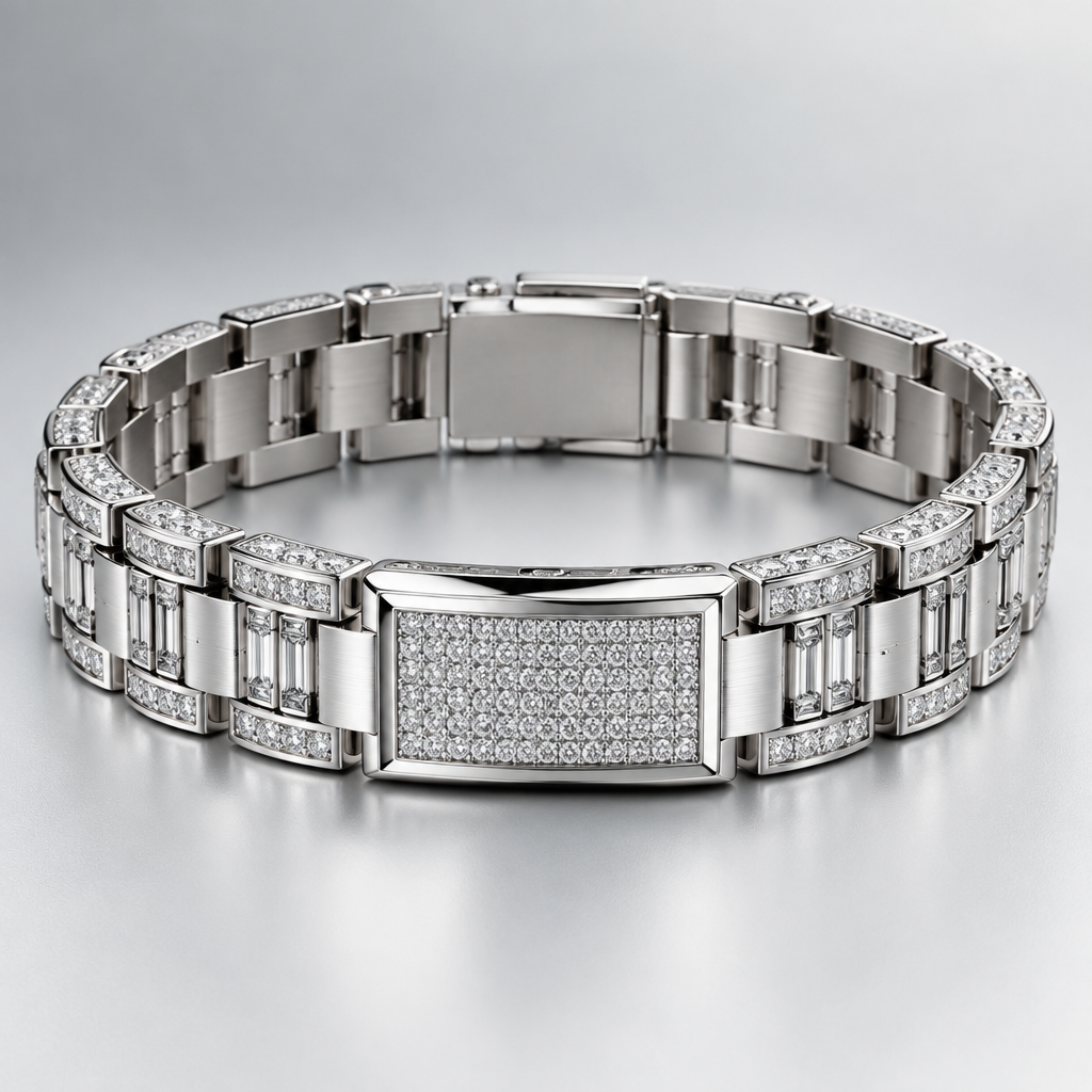 A modern men's bracelet made of silver with diamond stones. esclava tipo rolex elegante imponente
photorealistic jewelry design, A modern men's bracelet made of silver with diamond stones. esclava tipo rolex elegante imponente, modern style, just the design no text