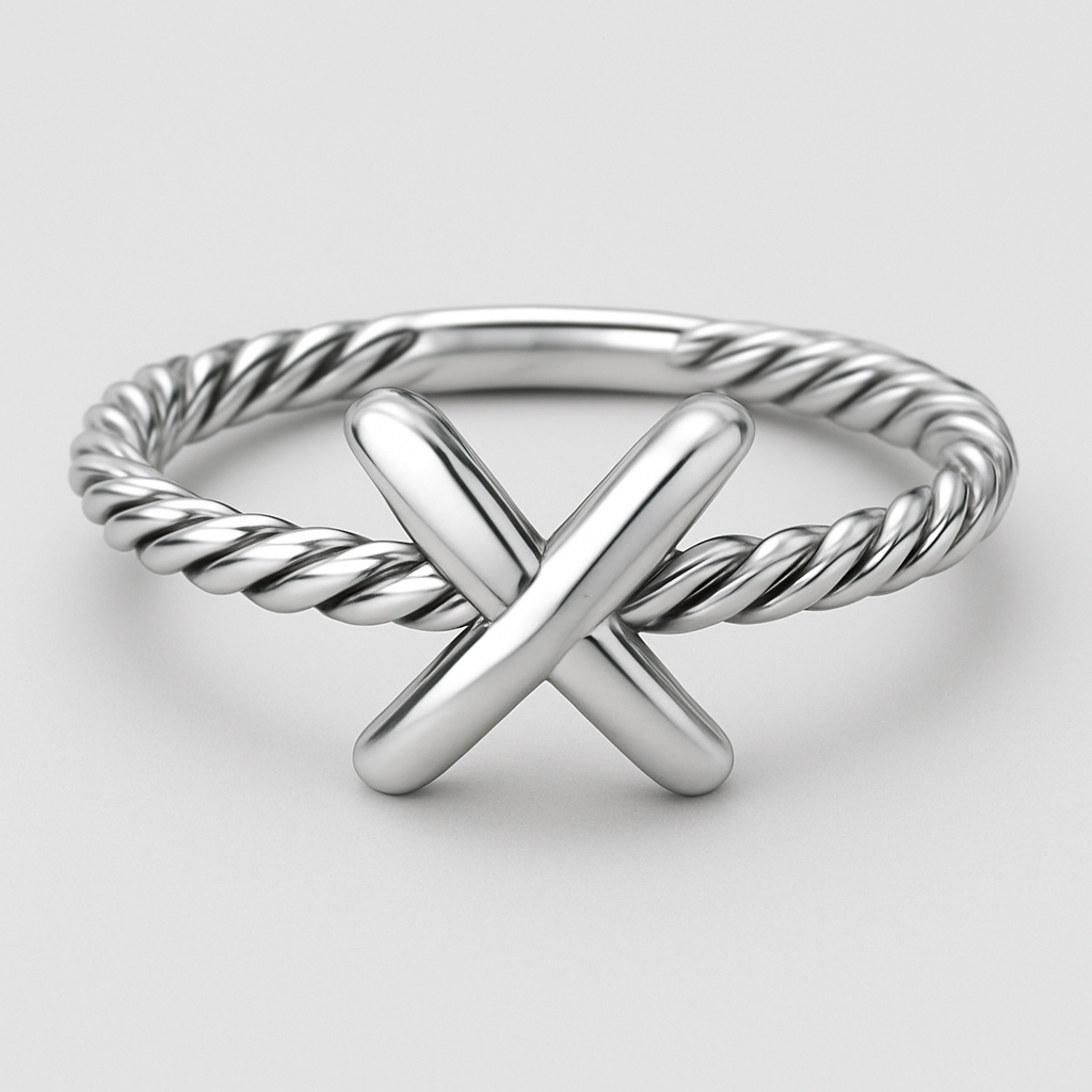 Create a ring that is inspired by iconic Tiffany a ring with an X on it. In addition, I like to have a rope like elements on it as in David Yurman.