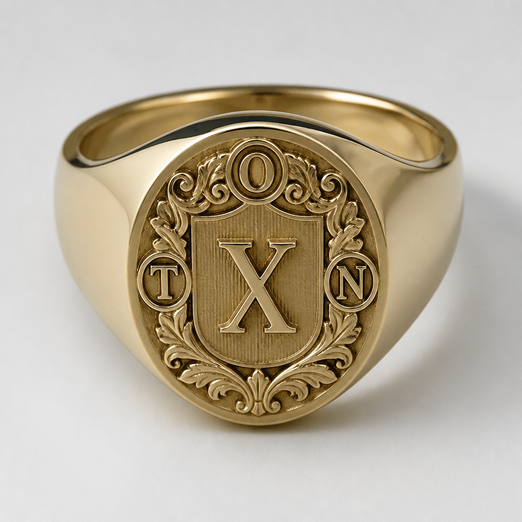 Signet ring with letter X initial the middle as crest and around it the letters O T N
photorealistic jewelry design, Signet ring with letter X initial the middle as crest and around it the letters O T N, heritage style, just the design no text