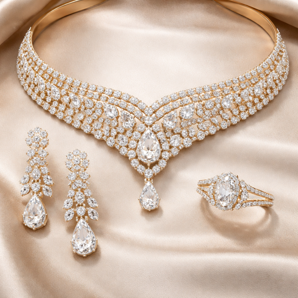 A women's ring made of gold with diamond stones suitable for wedding. a chokar style necklace with diamond
and matching earrings and ring with that
A women's ring made of gold with diamond stones suitable for wedding. a chokar style necklace with diamond
and matching earrings and ring with that, modern style