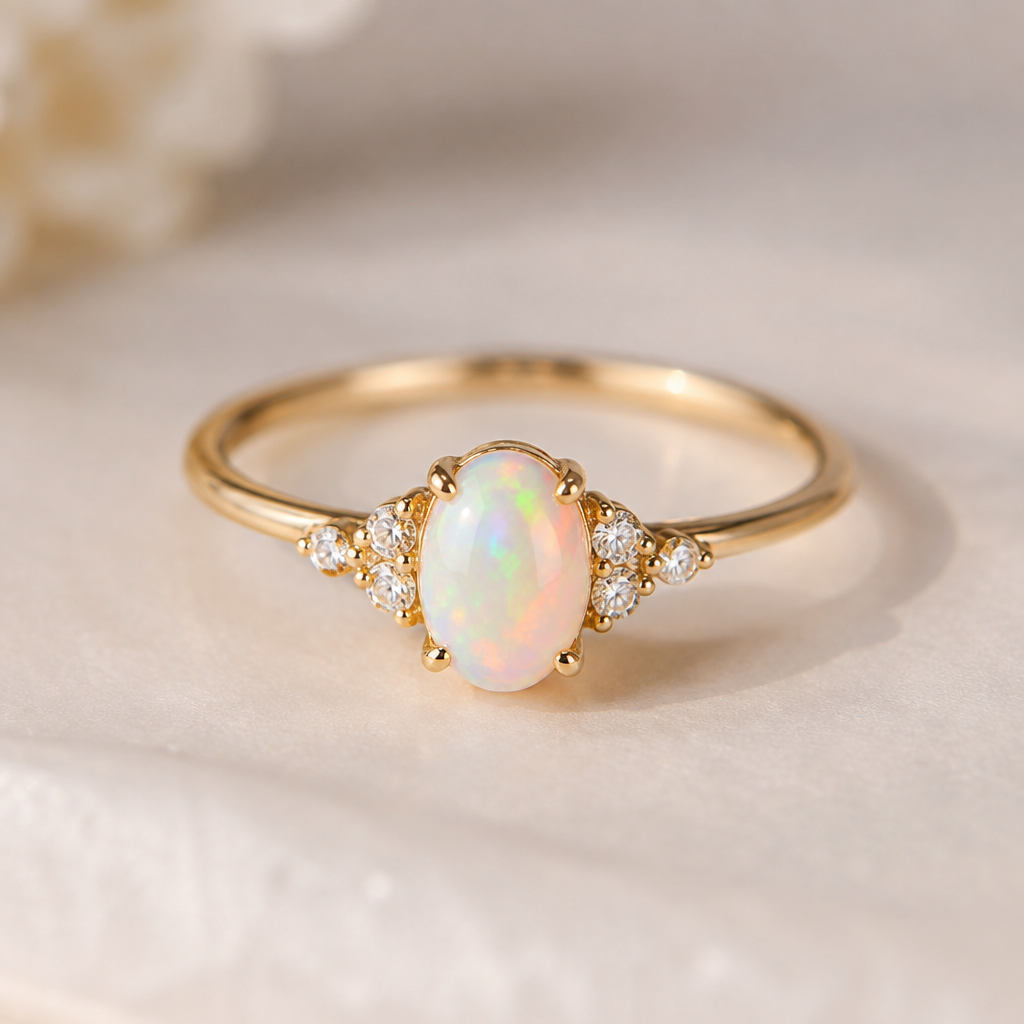 A minimalist women's ring made of gold with opal stones suitable for gift
photorealistic jewelry design, A minimalist women's ring made of gold with opal stones suitable for gift, minimalist style, just the design no text