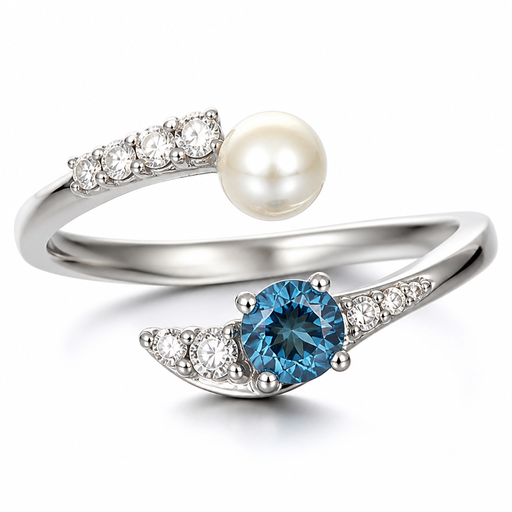 A women's ring with diamond and pearl stones. Blue Diamond Pinky Ring
photorealistic jewelry design, A women's ring with diamond and pearl stones. Blue Diamond Pinky Ring, modern style, just the design no text