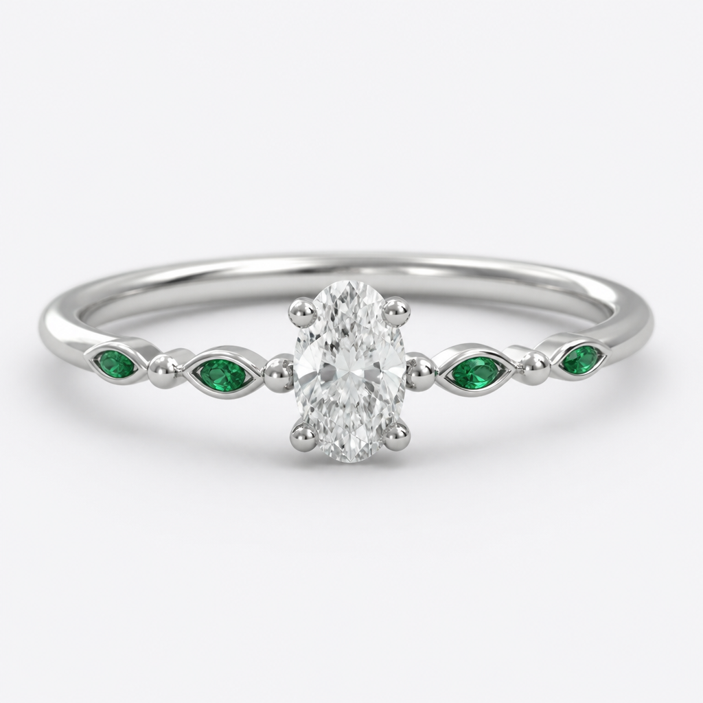 A women's ring. la piedra principal es el diamante en óvalo en un anillo de compromiso tiene que ser pequeño y discreto que tenga detalles con esmeraldas y que sea de plata
photorealistic jewelry design, A women's ring. la piedra principal es el diamante en óvalo en un anillo de compromiso tiene que ser pequeño y discreto que tenga detalles con esmeraldas y que sea de plata, modern style, just the design no text