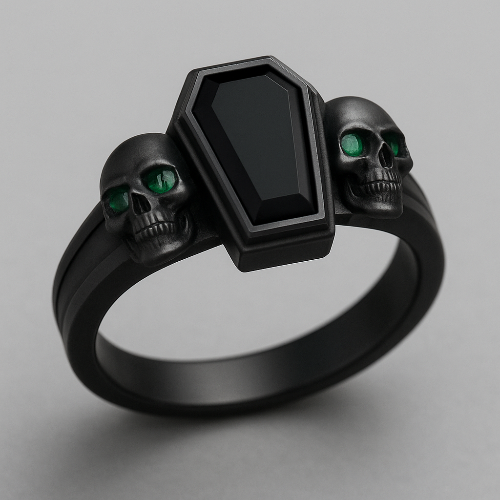 Black band, coffin cut onyx center stone, skull inscribed emeralds 