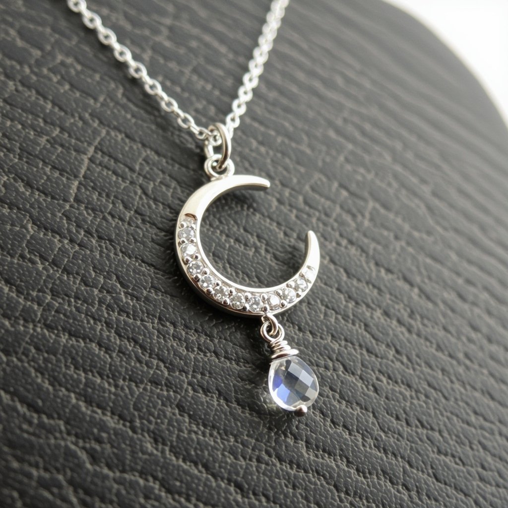 Луна полумесяцем с мелкими камушками и маленький в виде кристала лунный камень подвеска