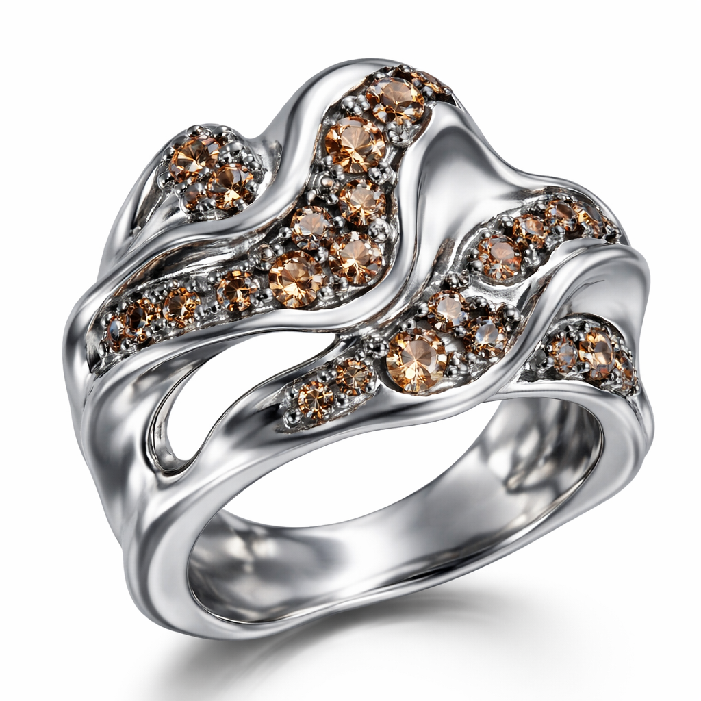 amorph silver ring with brown diamonds