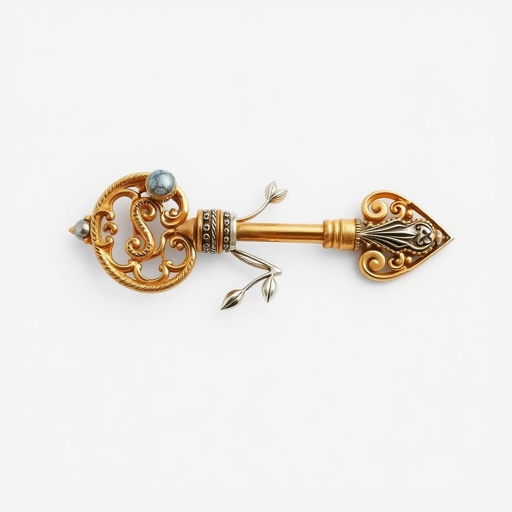 Old skeleton key shape gold and silver tones with olive branch turning on leg and keffieh print on the tip