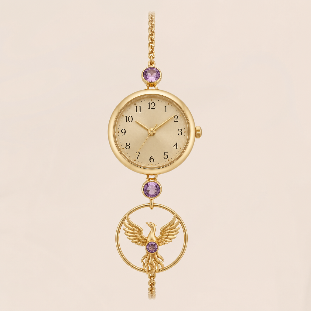 A minimalist women's watch made of gold with amethyst stones suitable for daily wear. um relógio com fio dourado, ouro, o relógio em si com horas numéricas, a joia em si, ornamento, um circulo com a fenix no centro segurando uma pedra pequena amethyst. um relógio simples com fio delicado para usar no dia a dia com um toque de charme
photorealistic jewelry design, A minimalist women's watch made of gold with amethyst stones suitable for daily wear. um relógio com fio dourado, ouro, o relógio em si com horas numéricas, a joia em si, ornamento, um circulo com a fenix no centro segurando uma pedra pequena amethyst. um relógio simples com fio delicado para usar no dia a dia com um toque de charme, minimalist style, just the design no text