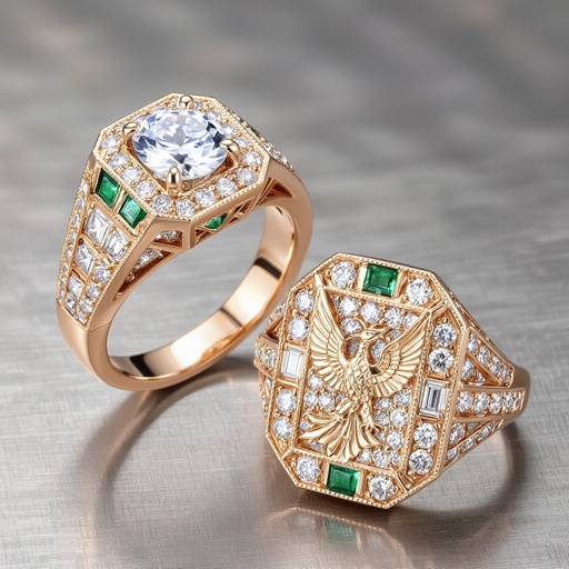 Create set complete of Geomatric rose gold and A platinum signet ring with phoenix printed on it for women Design a luxurious platinum signet ring that embodies the elegance of Art Deco style, featuring a striking phoenix rendered in intricate geometric patterns. Emphasize bold lines and symmetry, with contrasting finishes for depth. Adorn the ring with brilliant-cut diamonds and emeralds, capturing the spirit of rebirth and timeless sophistication. Rose gold geometric ring. Platinum signet ring with a phoenix. Platinum Art Deco signet ring with a phoenix, brilliant-cut diamonds, and emeralds.
