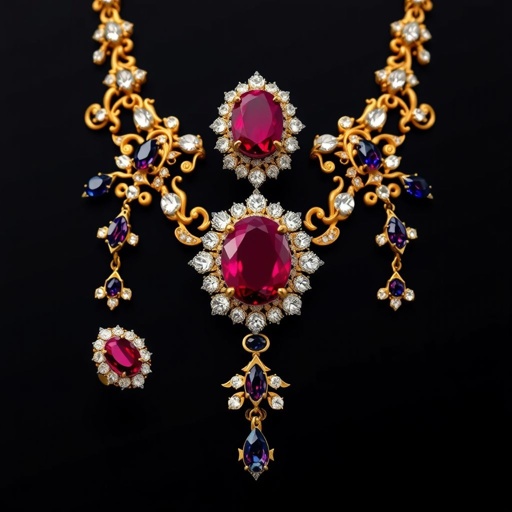 A oval shaped cut, 50 carat ruby and lapis gemstones, FL IF clarity ear necklace and ring