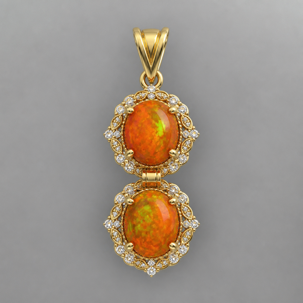 2 oval fire opals
photorealistic jewelry design, 2 oval fire opals, pendant style, just the design no text