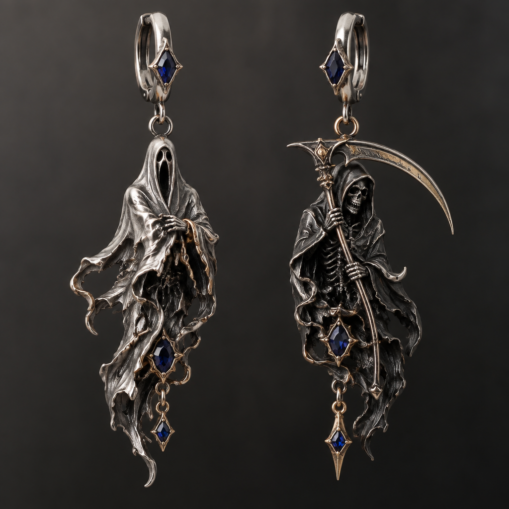 A gothic men's earrings made of mixed metal with sapphire stones suitable for formal. a ghost and a reaper
photorealistic jewelry design, A gothic men's earrings made of mixed metal with sapphire stones suitable for formal. a ghost and a reaper, gothic style, just the design no text